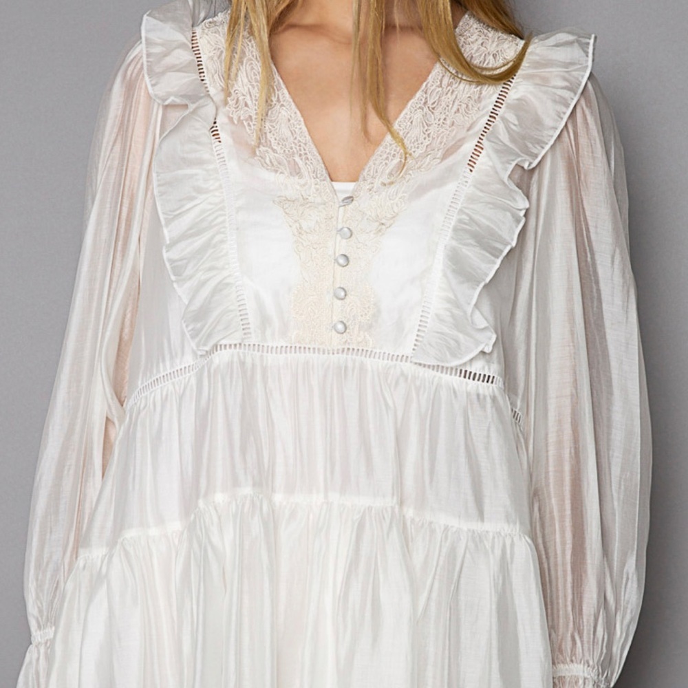 NEW POL V-Neck Vintage Pearl White Ling Sleeve Satin Dress